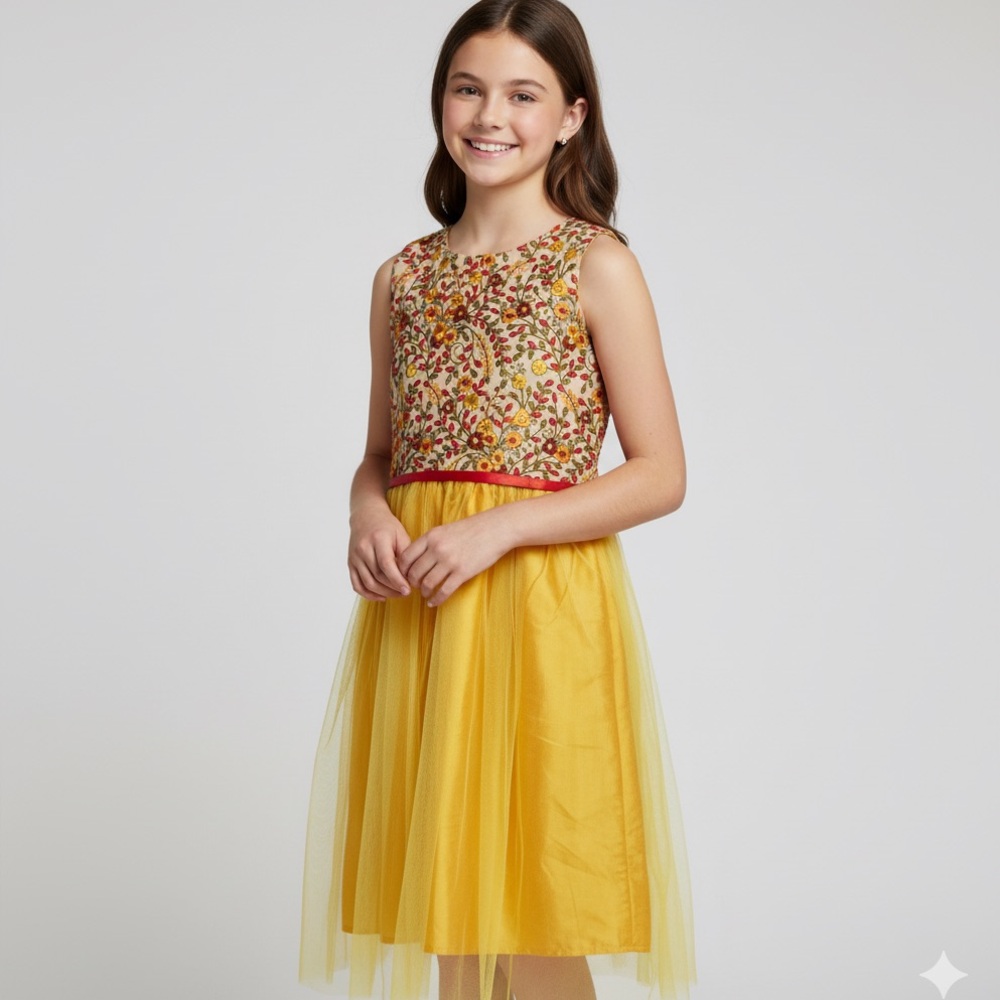 A.T.U.N. Orange Girl’s Embroidered Tulle and Satin Dress - Fall Colors Pretty